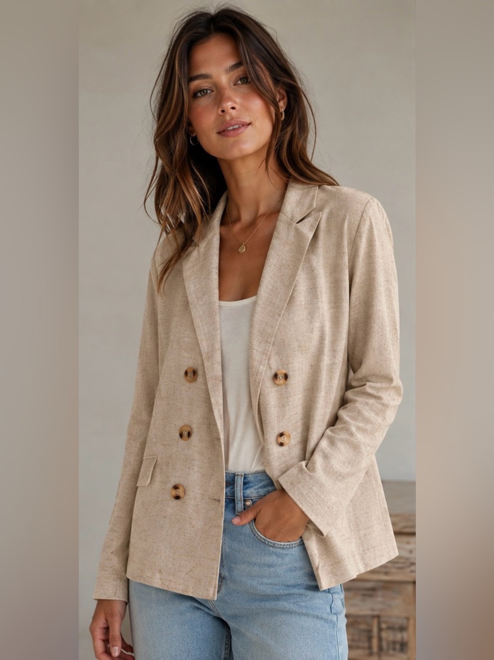 Bishop + Young Linen Blend Double Breasted Blazer NWT Medium Natural
